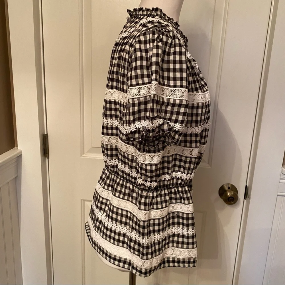 J. CREW NEW TOP BLOUSE BLACK WHITE GINGHAM CHECK LACE SHORT PUFF SLEEVE SIZE M